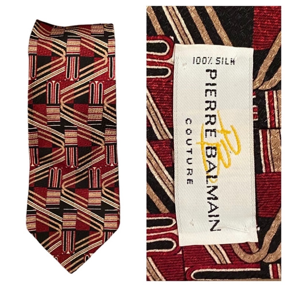 Pierre Balmain Couture Silk Neck Tie Chunky Wide Quirky Stripes Red Tan Black